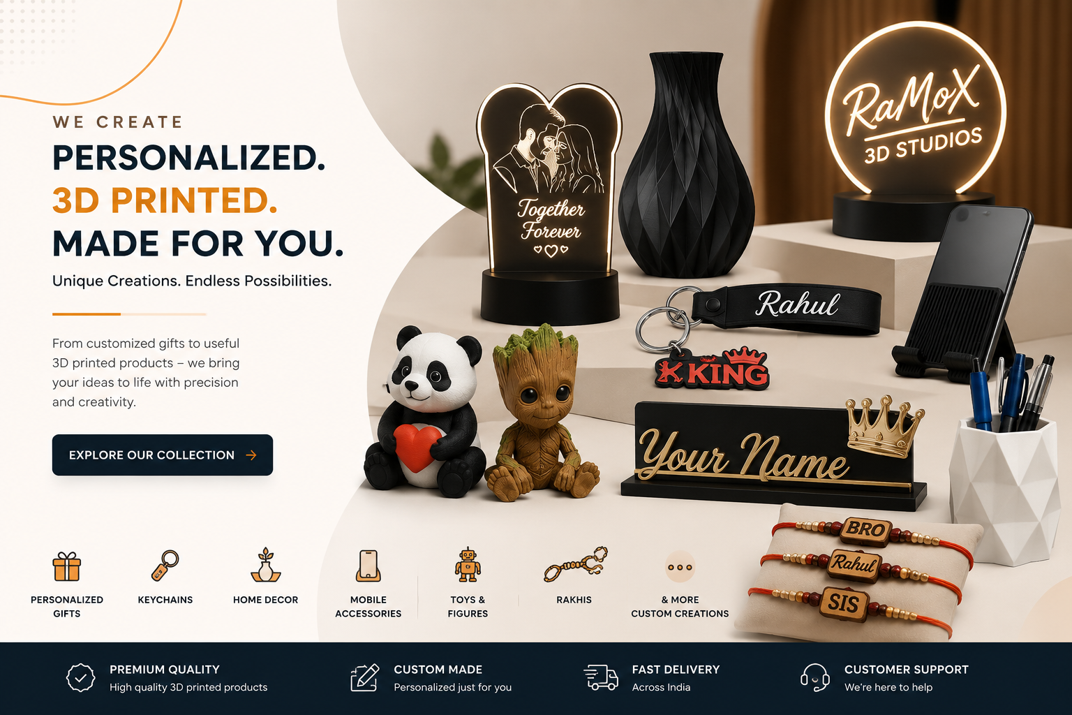 A promotional collage for personalized 3D printed items from RaMoX 3D Studios, showing custom engraved black and white figurines, a panda plush, a small tree figure, nameplates, a keychain, bracelets, and other stationery/accessory products on a styled tabletop with text callouts and branding.